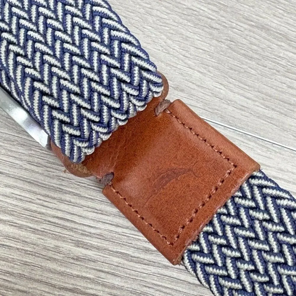 Tommy Bahama Woven Stretch Belt Navy Tan Leather Trim Sz L/XL Preppy Summer